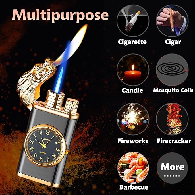 Magic Dragon Dual Flame Lighter - Windproof, Adjustable Flame, Refillable Butane Gas for Outdoor Candle - Gold