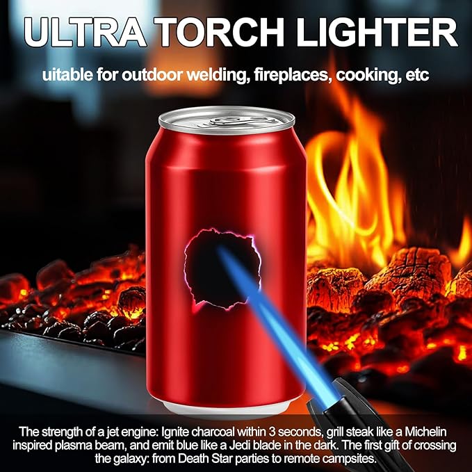 Torch Lighter Jet Flam Lighter Refillable Butane Windproof Adjustable Long Lighters for Candle Grill BBQ Camping Hiking Lighers (Black)