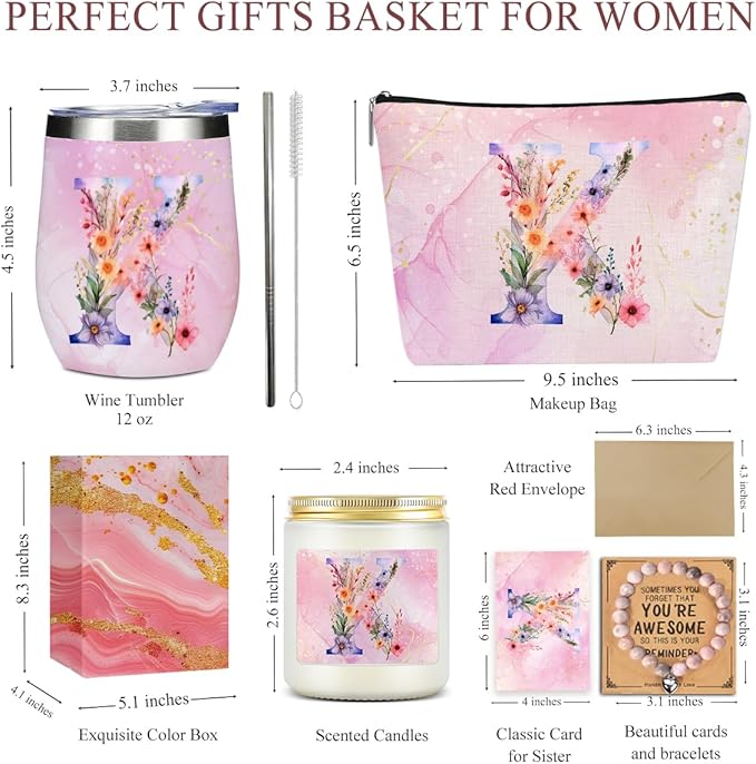 Personalized Gifts Monogrammed Birthday Gifts for Women, Soul Sister Bachelorette Party Wedding Christmas Initial Wine Tumbler Makeup Bag Scented Candle Bracelet Set, (Aesthetic Pink Flower K)