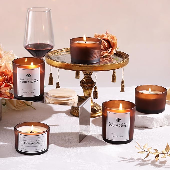 sunnyfuture 16 Pack Forsted Amber Candle Jars, 8pcs 7oz + 8pcs 4oz Candle Jars for Making Candles with Wooden Lids and Labels for DIY, Gifts, Home