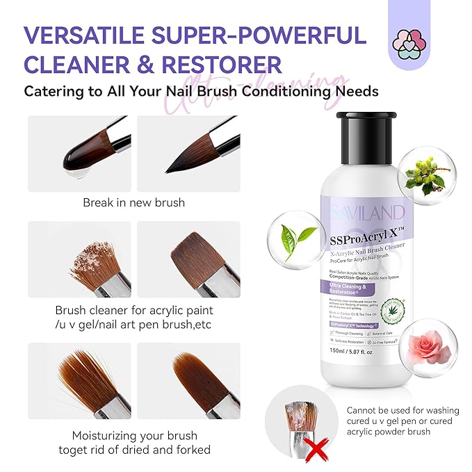 SAVILAND Acrylic Nail Brush Cleaner: 5 OZ Large Capacity Acrylic Brush Cleaner Castor Oil Nail Brush Cleaner Conditioner Restorer with Nail Cleaning Pads & Dappen Dish for Acrylic Nails Home Salon DIY