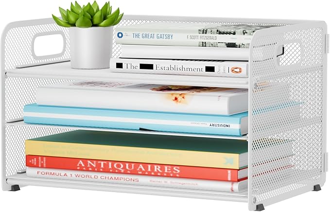 3 Tier Paper Letter Tray Organizer for Desk, Mesh File Folder Document Organizer with Handle for Home Office Supplies Desktop Accessories, White