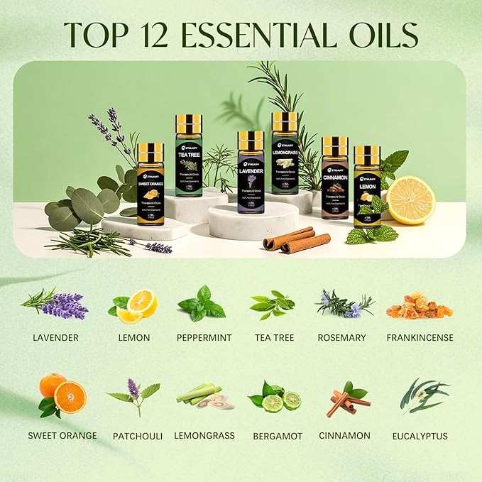 12 pcs Essential Oils Set, Pure Essential Oil for Diffuser, Humidifiers, Skin Care, Massage, Fragrance Oil Scent for DIY Candle and Soap Making, Gift for Friend