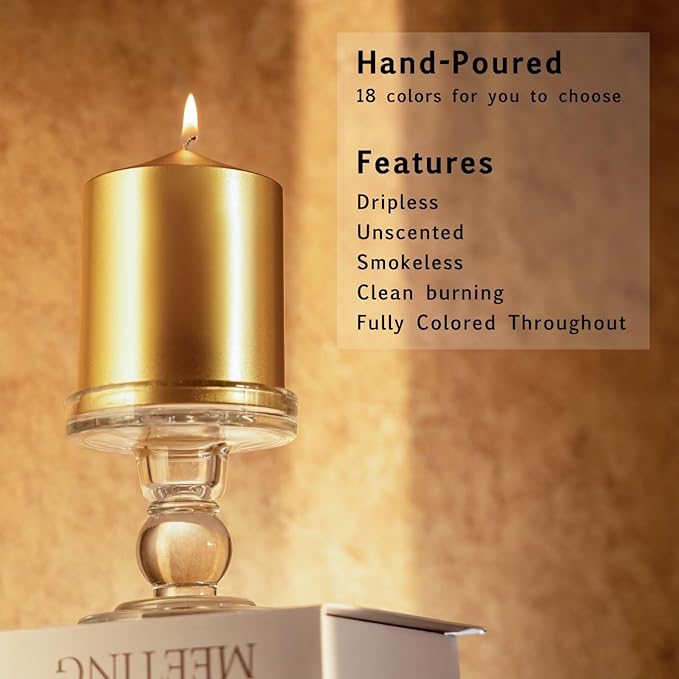 MOZEAL 3" x 4" Hand-Poured Unscented Gold Pillar Candles,Dripless Candles Set of 3,Smokeless,Clean Burning,Approx 60 Hours Burn Time,Wedding,Dinner,Christmas and Home Decor（3 Inch Width Series）