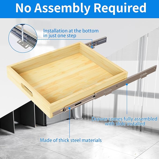 2 Set Pull Out Cabinet Organizer, Soft Close Slide Out Wood Drawer Storage Shelves for Kitchen, Base Cabinet Organization for Pantry, Finished, Heavy-Duty, Bottom Assembly (21” W x 21” D)