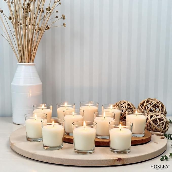 Hosley Set of 12 White Unscented Clear Glass Wax Votive Filled Candles. Hand Poured Vegetable Soy Wax Blend Up to 15 Hour Burn Time. Ideal Gift or Use for Weddings Aromatherapy Party Favor O3