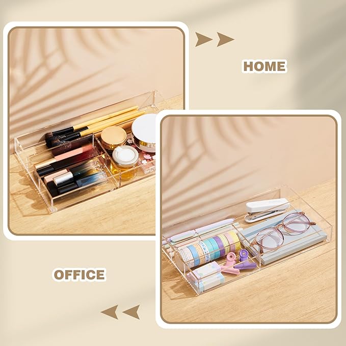 Briwooody Acrylic Desk Drawer Organizer 11 x 6.1 x 1.38 Inch Storage Tray Organizer for Pens, Stationery, Desktop, Office, Bathroom, Kitchen, Makeup Supplies(4 Compartments, Clear)
