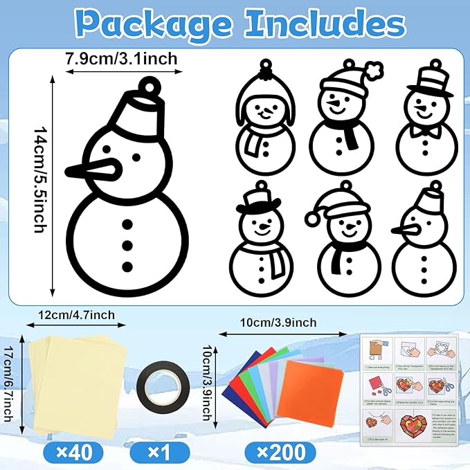 Qyeahkj 36 Set Winter Snowman Suncatchers Crafts Kit DIY Window Tissue Paper Craft Kits Stained Glass Effect Sun Catcher Xmas Holiday Hanging Ornament for Home Activity Art Favor Gift