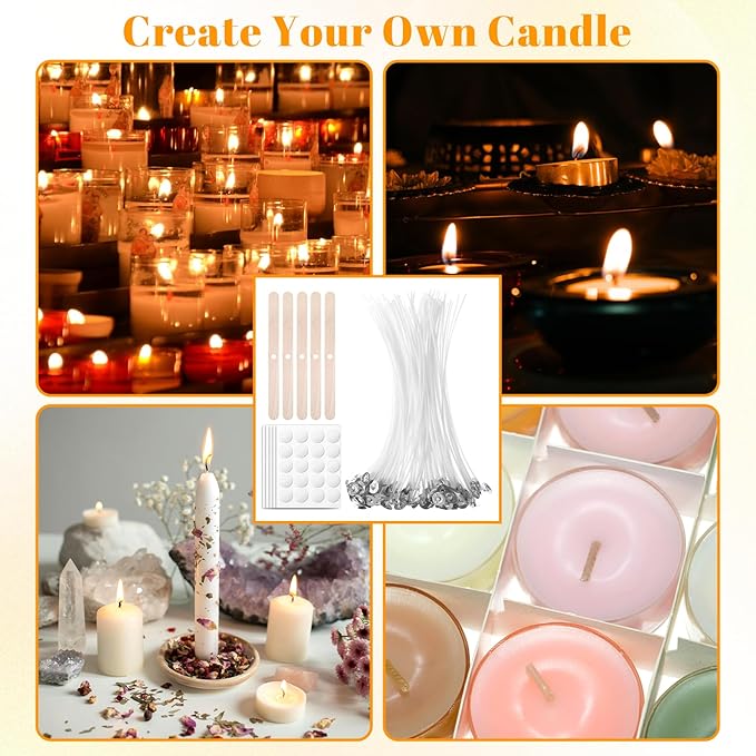 8 Inch Candle Wicks, Cotton Wicks Coated with Paraffin Wax, Short Candle Making Wick for Candles Making, 100 PCS Candles Wick Stickers