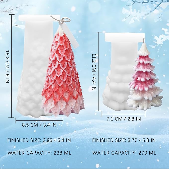 2 Pcs 3D Christmas Tree Shape Candle Molds, Pine Tree Shape for DIY Candle Making, Holiday Crafts, Soap Molding, Resin Casting