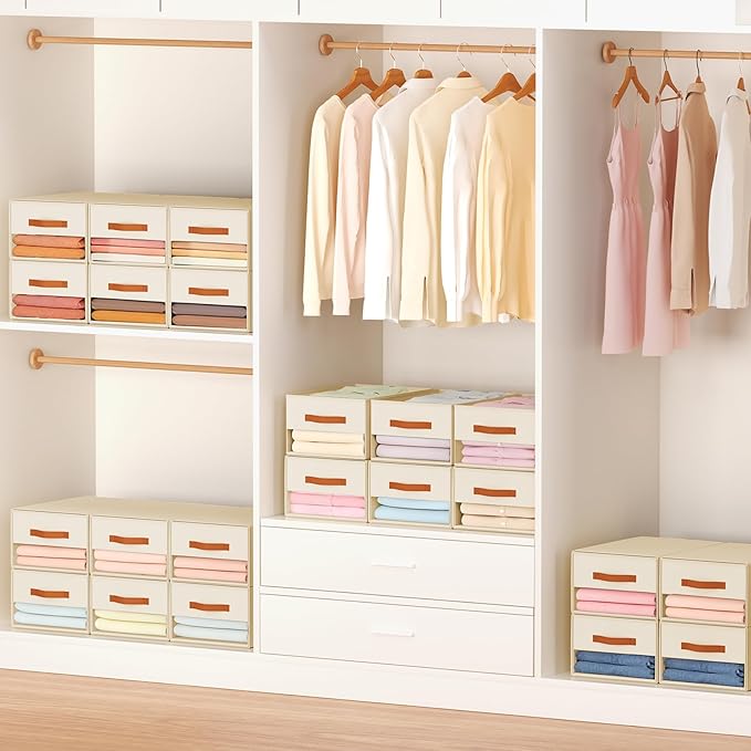 Stackable Storage Drawers - Pull Out Storage Bins with Drawers for Closet Clothes Organizers with Weekly Labels & Clear Window, Closet Shelf Storage for Bedroom, Living Room, 5 Pack, Beige
