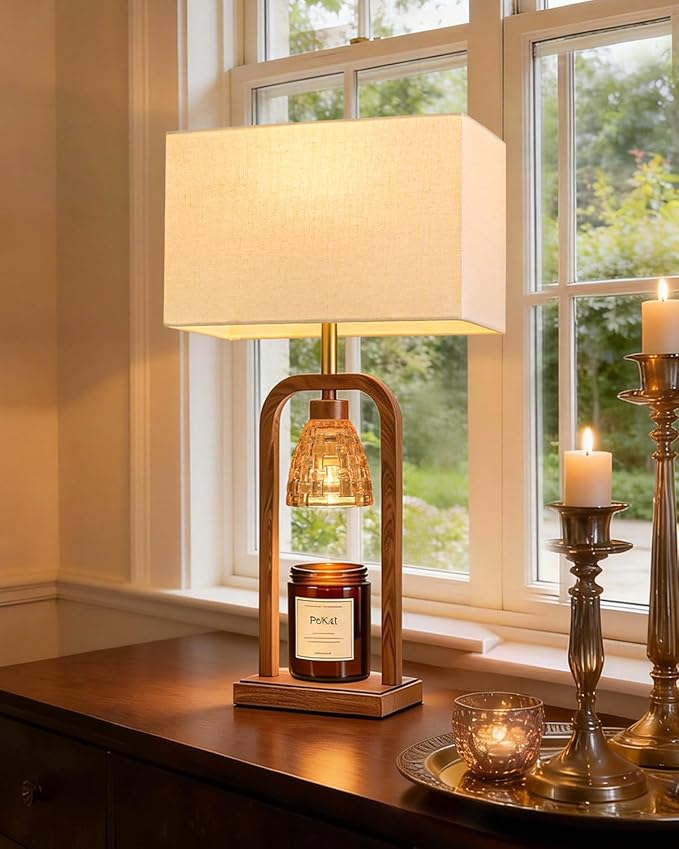 PoKat Electric Candle Warmer Lamp Farmhouse, Wood-Like Candle Lamp Warmer with Timer Dimmer, Wax Light Warmer Lamp Jar Candles, Table Lamp House Warming New Home Decor for Bed Living Room