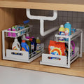 2-Tier Under Sink Slide Out Organizer, 2 Pack Pull Out Cabinet Storage Shelf with Sliding Wire Basket Drawer for Bathroom Kitchen, Countertop or Pantry Shelf, White