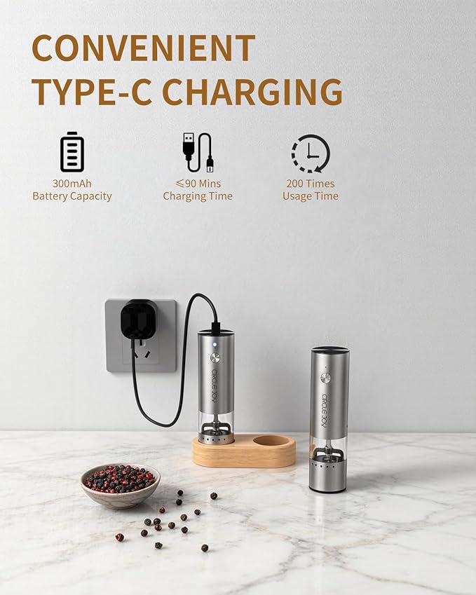CIRCLE JOY Mini Rechargeable Salt and Pepper Grinder Set with Wooden Base, Dust Cover and External Adjustment, Stainless Steel Electric Pepper Mill Grinders for Kitchen, Outdoors and Travel, Silver