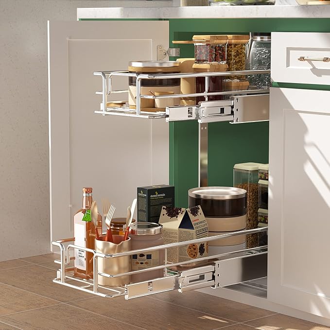 LOVMOR 2 Tier Individual Pull Out Cabinet Organizer 7.5" W x 21.5" D, Slide Out Kitchen Cabinet Storage Sliding Shelves