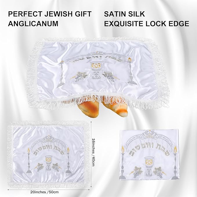 Modern Shabbat Havdalah Set White Satin Challah Cover Silver Candle Holders Silver Wine Cup White Taper Candles for Shabbat, Holiday and Havdalah Gifts