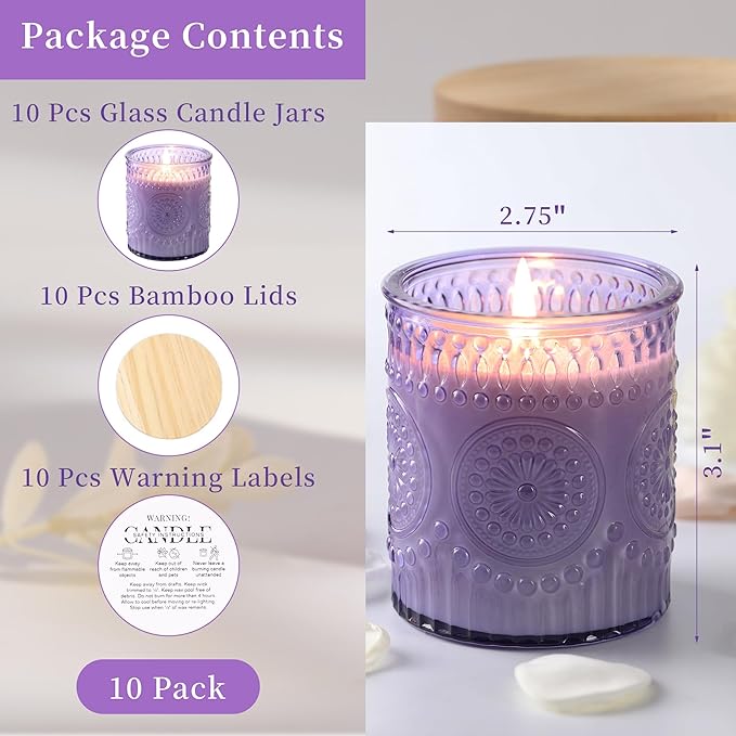 8oz Lavender Glass Candle Jars with Lids for Making Candles Set of 10, Purple Candle Containers, Candle Making Supplies for Candle DIY, Glass Candle Vessels Candle Making Kit, Lavender Decorations