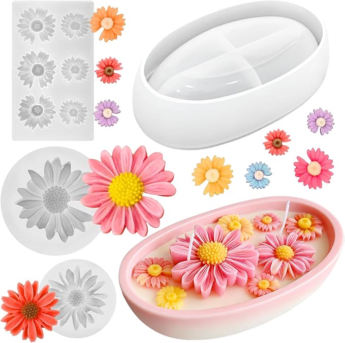 Daisy Candle Molds, 4Pcs Daisy Flower Silicone Molds for Candle, Boat Shaped Candle Vessel Mold Set for Scented Candle Making, Soap, Resin, DIY Handmade Aromatherapy Mothers Day Gifts