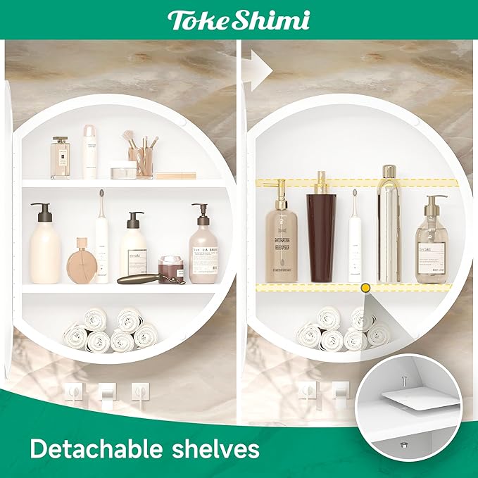 TokeShimi 20 Inch Round White Framed Medicine Cabinet for Bathroom with Vanity Mirror Small Metal Bathroom Mirrored Cabinet for Wall Mounted Only Circle Farmhouse Medicine Cabinet Detachable Shelves