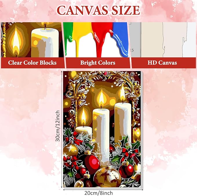 NAIMOER Christmas Candles Paint by Numbers Kits for Adults Beginner with Wooden Framed, Color by Numbers on Canvas Painting Kits for Adults, Easy Paint DIY Acrylic for Home Wall Decor 8X12 Inch