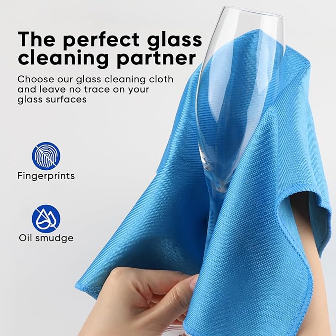 HOMEXCEL Microfiber Glass Cleaning Cloth 12 PK, Lint Free Streak Free, Reusable Cleaning Cloth for Cleaning Windows, Glasses, Mirrors, Screens, Stainless Steel, and More Blue-12”×12”