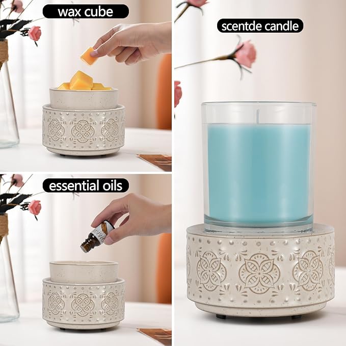 mocosa Ceramic Wax Warmer Wax Melt Warmer for Scented Wax 3-1 Electric Candle Warmer Home Fragrance Wax Burner for Mom Women(Beige-Granular)
