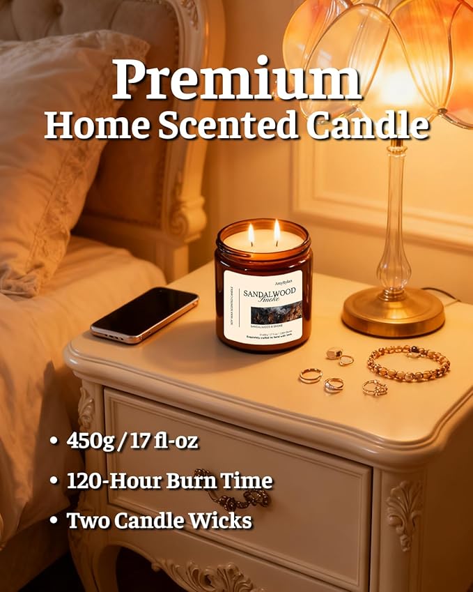2 Wicks 17oz Large Non-Toxic Soy Wax Scented Candle, Sandalwood&Smoke 120 Hours of Burn Time, Long Lasting Candle for Gift, Cost-Effective Candle for Home Fragrance, Aromatherapy
