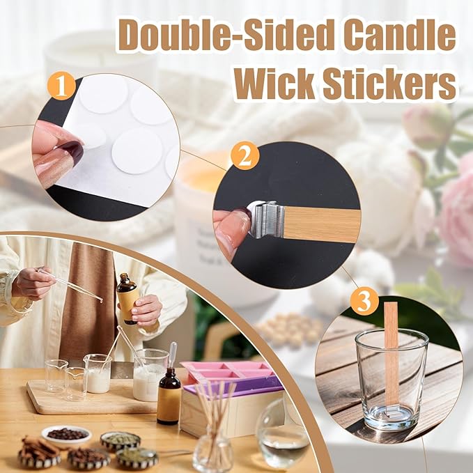 600 Pcs Wick Clips for Candle Making, Silver Metal Wicks Bases with 200 Pcs Adhesive Sticky Back Dots, Wood Wick Holder Base for DIY Candle Making - Strong Grip & No-Slip Design