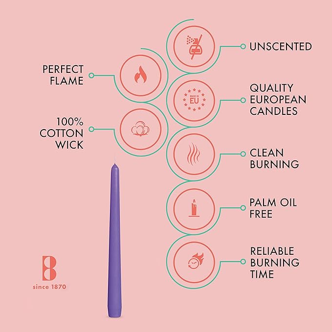 BOLSIUS 10 Inch Purple Taper Candles - 8 Hours Burn Time - Premium European Quality - 10 Pack Unscented Smokeless & Dripless Household Taper Candlesticks - Perfect for Church, Party, & Everyday Use