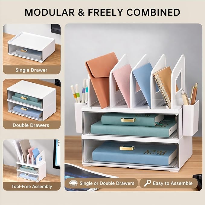CiWiVOKi White Desk Organizer with 4 File Holder Slots, 2 Clear Drawers & Dual Pen Holders, Multi-Functional Office Supplies Desktop Storage for Home Office, Space-Saving Mail Sorter & Caddy