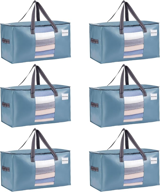 VENO 6 Pack Heavy Duty Moving Bags, Clothes and Comforter Storage Bags with Clear Window, College Dorm Essentials Packing Supplies, Foldable Boxes Alternative (Shiny Light Blue, 6 Pack)