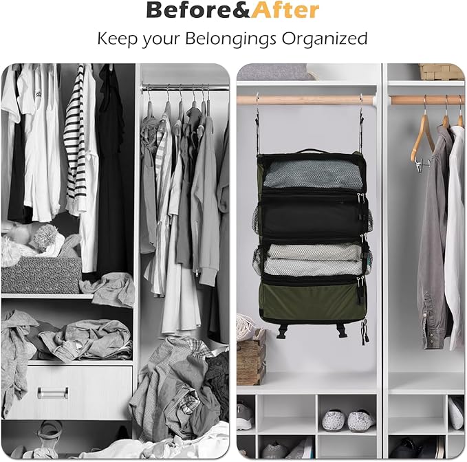 TABITORA Travel Luggage Organizer Hanging Packing Cubes Portable Hanging Shelves Carry on Closet for Suitcase with 2 Hooks,Collapsible(Darkgreen,M)