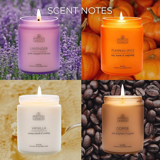 Candles for Women - 4 x 8oz Coloured Glass Jars 3" x4 Mixed Set of Classic Scents Pumpkin Spice, Coffee, Vanilla, Lavender 200 Hours Burn Time, Classic Candle Set for Men & Women by Spotless Leopard