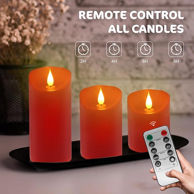 ALED LIGHT Red Real Wax Rechargeable Candles Flickering Realistic,Flameless Candles Rechargeable with Remote for Home Decor Idea Gift，Pack 3(D 3”X H 4”5”6”)