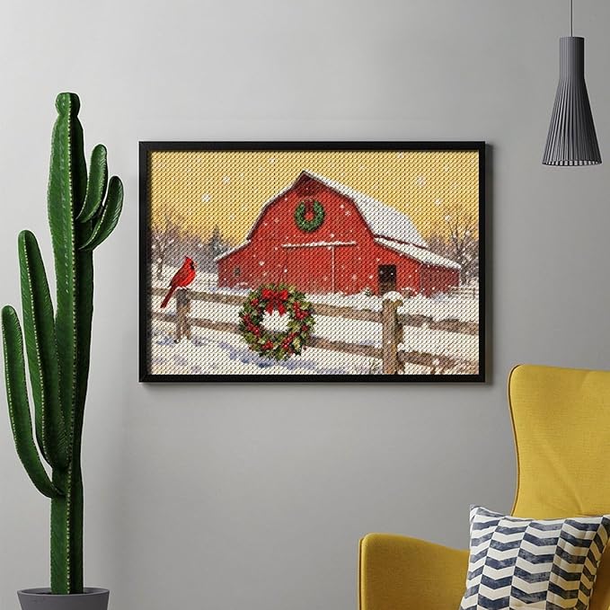 AIVKIEJK Diamond Painting Kits for Adults - Christmas Winter Cardinal, Red Barn Scene Painting DIY 5D Full Drill Diamond Dots Paintings with Diamonds Gem Art and Crafts Home Decor 8"x12"