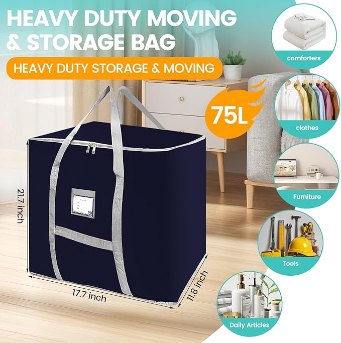 3 Pack 75L Heavy Duty Moving Bags, Large Tote Bags, Space Saving, for Storage & Moving, with Reinforced Handles & Sturdy Zippers (Blue)