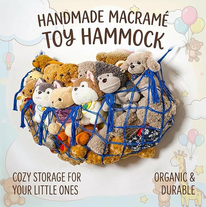 Stuffed Animal Net or Hammock for Flat Wall Mounted Handmade Macrame Toy Display Hanging Plush Toy Net for Stuff Animal Storage(blue large)