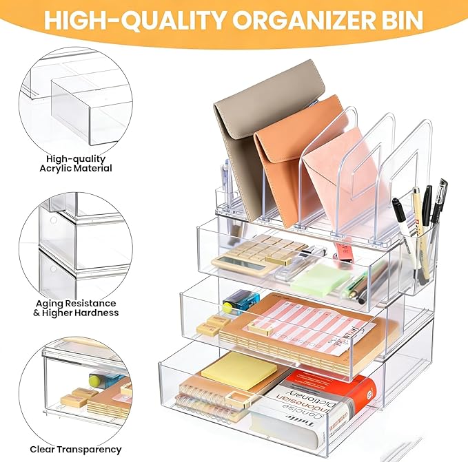 LALOBLUE Acrylic Desk Organizer with 4-Vertical File Holder Rack, 3-Clear Drawer and 2 Pen Holders, Desktop Storage for Office Desk Accessories School Classroom Organization (Clear)