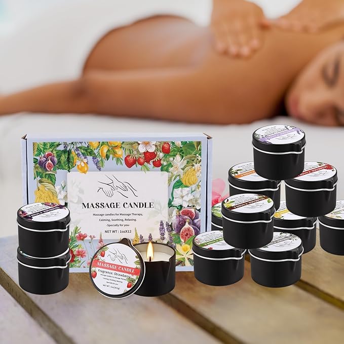12-Pack Massage Candle Set - Low Temperature Soy Wax Melts into Silky Smooth Massage Oil, 1oz Aromatherapy Candles for Couples, Home Spa, Relaxation & Romantic Gifts (12 Scents)