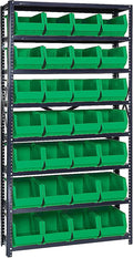 Quantum Storage Systems QSBU-240GN Giant Open Hopper Steel Shelving System, 12" D x 36" W x 75" H, with 8 Shelves and 28 QU240 Bins, Green