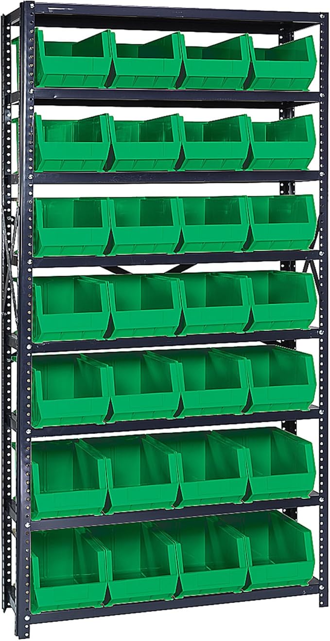Quantum Storage Systems QSBU-240GN Giant Open Hopper Steel Shelving System, 12" D x 36" W x 75" H, with 8 Shelves and 28 QU240 Bins, Green
