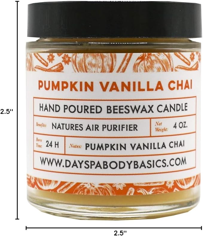 Pumpkin Vanilla Chai Hand-Poured Beeswax Candle - All-Natural, Cotton Braided Wick, Chemical Free, Smokeless, Cleans Air, Non-Toxic, Non-Polluting, Non-Allergenic, Made in USA