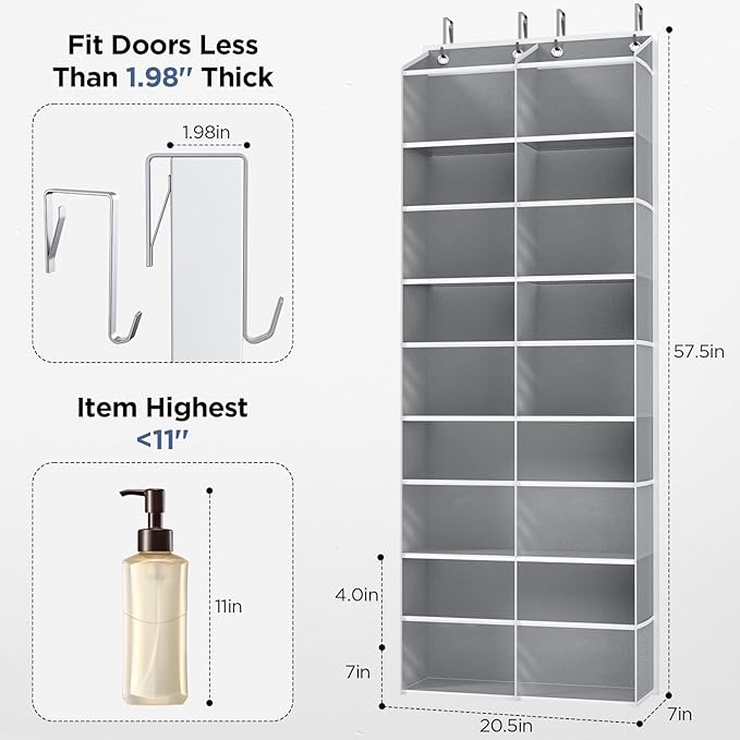 PureSpace 5-Tier Over The Door Organizer with 10 Side Mesh Pockets & Clear Windows, 80 lbs Weight Capacity Hanging Storage for Bathroom, Bedroom, Nursery, Kitchen, Organize Shoes, Diapers(Clear Grey)