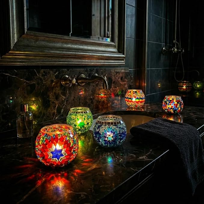 BYTURKISHLAMPS DIY Turkish Mosaic Candle Holder Kit & 1 Glass + 1LB+ Mosaic Tiles and Beads Bulk, Make Your Own Creative Glass and Garden Craft, Making Table Tealight for Adults, Teens, Family, Couple
