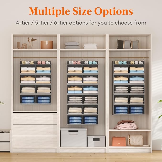 Lifewit Dual-Row Shelf Hanging Closet Organizer and Storage, Clothes Shelves with 3 Sturdy Hooks for Clothing Organization, Foldable Container Hold Up to 30 Sweaters, 5 Tier 10 Sections, Gray
