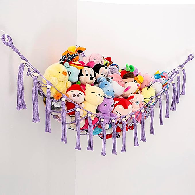 YKBU Stuffed Animals Hammock Corner Hanging Net with Wooden Beads Macrame Stuffed Animal Storage Ideas Plush Holder Toy Organizer for Boho Nursery Playroom Bedroom Kids Room Decor (purple, X-Large)