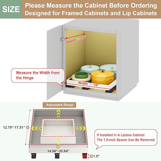 Pull out Cabinet Organizer,Expandable Width(16"-21"),Depth(13"-17") with 3 Rails,Roll out Drawers,No Drill Adjustable Slide out Shelves for Kitchen,Pantry,for Both Lip and Lip-Free Cabinets,White(1PC)