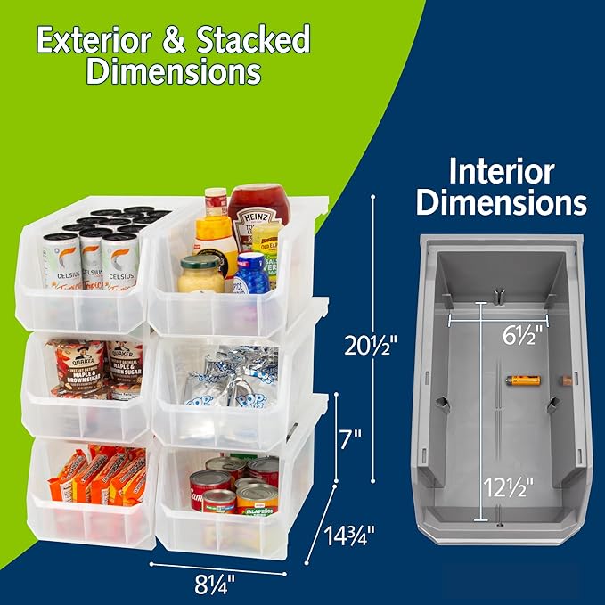 Large Plastic Storage Bins, Stackable Organizer Containers for Closet Pantry Shelf Garage and Office Organization, Clear, 6 Pack