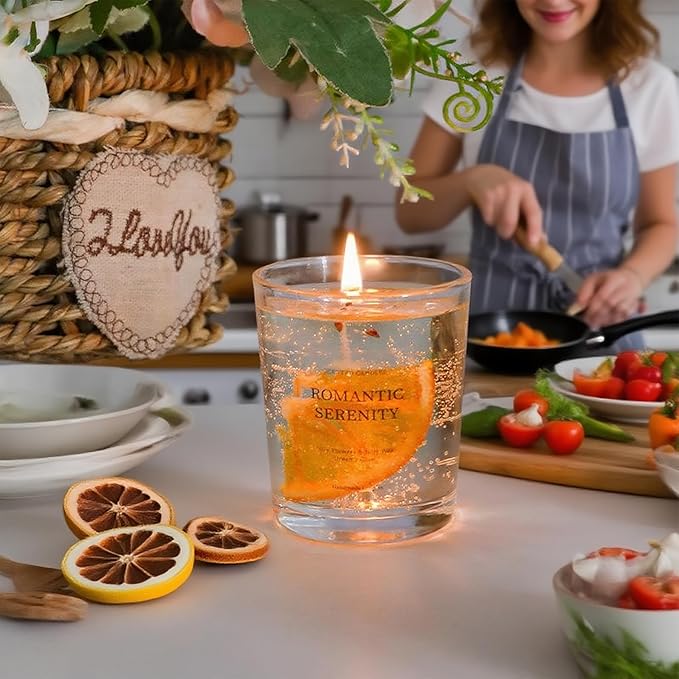 Gel Wax Candle,Sparkling Real Rose & Gold Flakes Candle in Glass Jar,Floral Scented,Smokeless Clean Burn,Glam Home Decor or Wedding,Bridesmaid Gift,Photo Prop,Self Love Healing (Fruit)