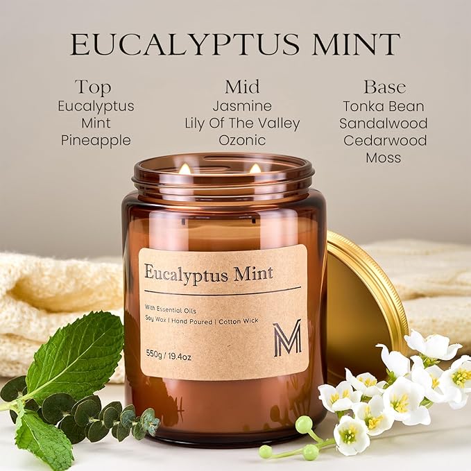 M&SENSE Eucalyptus Mint Scented Christmas Candle Gift | 19.4oz, 115-Hour Burn | Natural Organic Soy Wax | Long-Lasting for Stress Relief and Gifting | for Christmas, Thanksgiving, Holiday